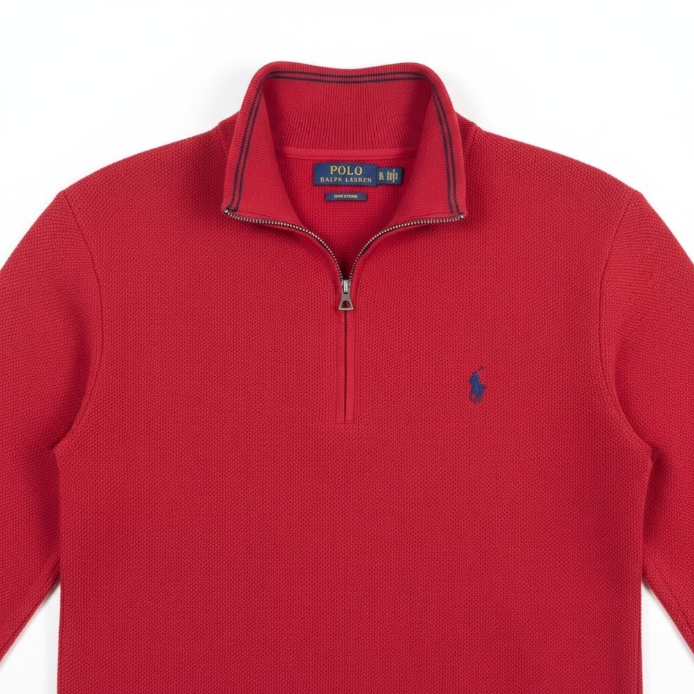 Polo Ralph Lauren Mesh-Knit Quarter-Zip Pima Cotton Sweater Red w/ Navy Blue XL